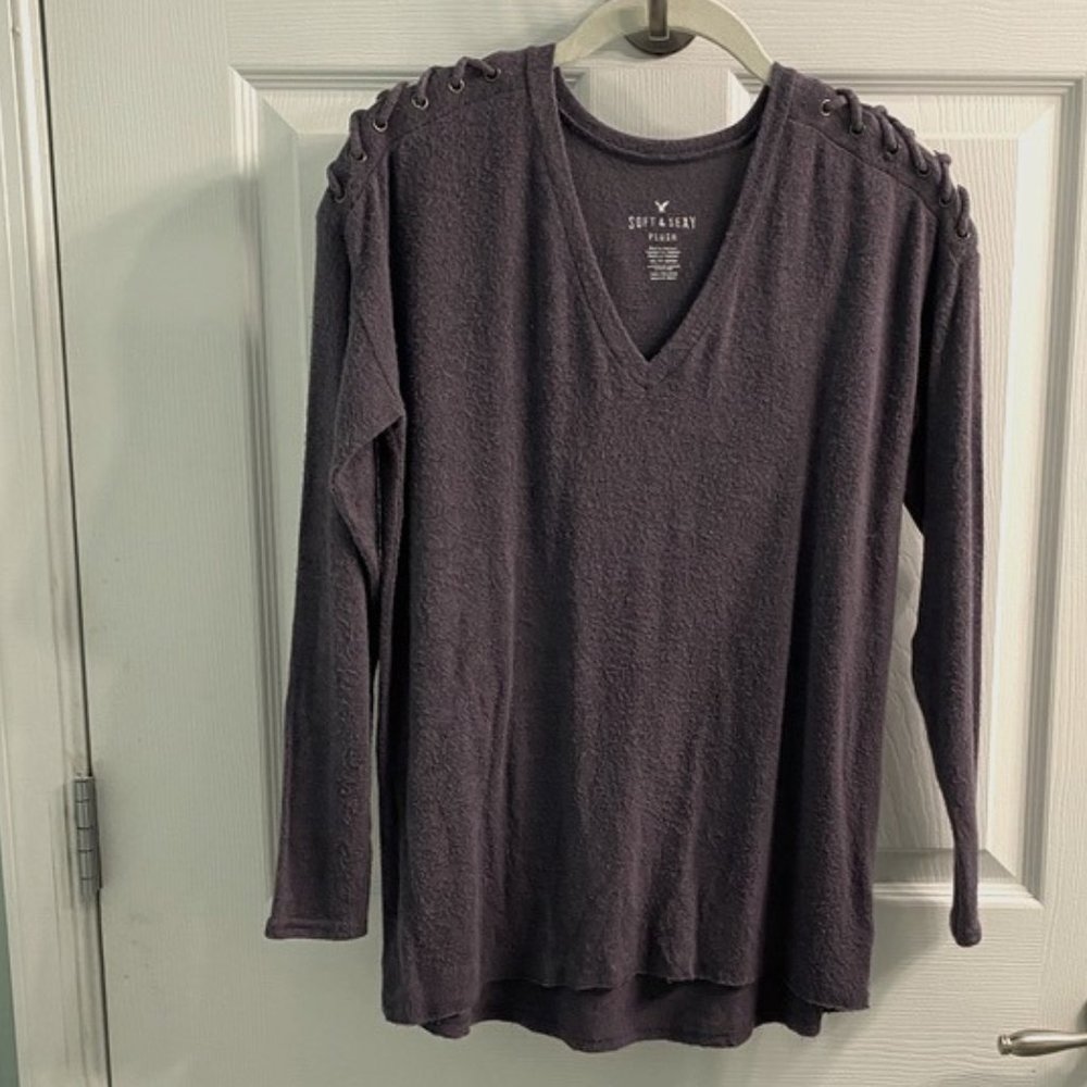 AEO Soft & Sexy Plush Sweater with Criss-Cross Design on Shoulders
